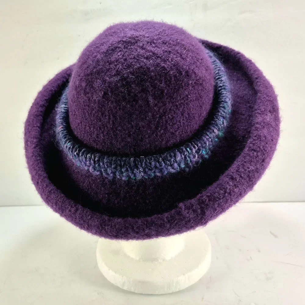 Handmade Purple Felted Wool Hat w/ Green Blue Crochet Band Boho Retro